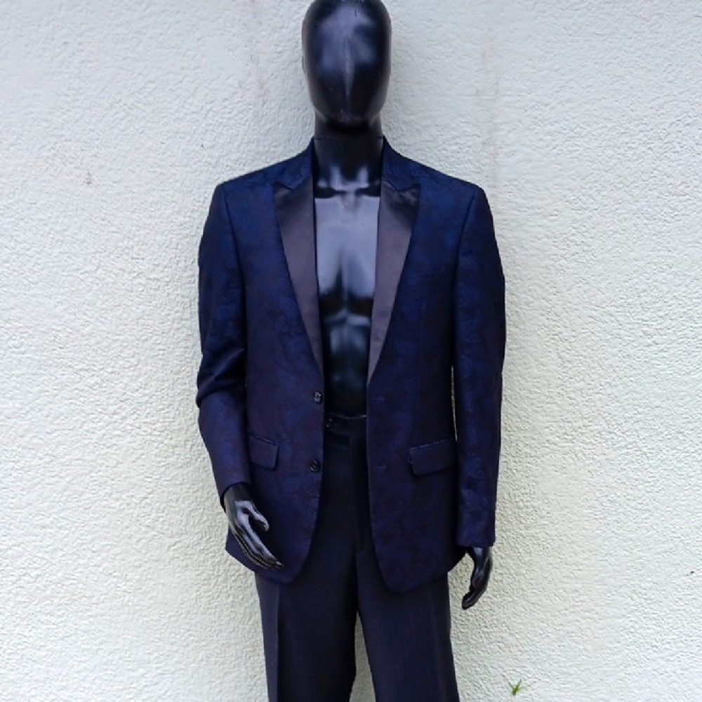 Van Heusen Flex Men's Slim Fit Blue Paisley Black Tuxedo Jacket W/Black Trim